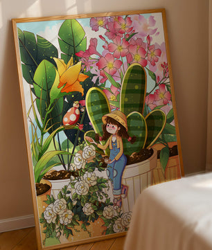 Charmante scène de jardin avec une jeune fille et des fleurs éclatantes