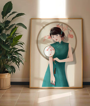 Elegante Illustration einer Frau in traditioneller Kleidung mit einem Fächer mit Kirschblüten