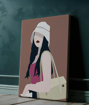 Ilustración elegante de una mujer con sombrero de cubo y ropa casual