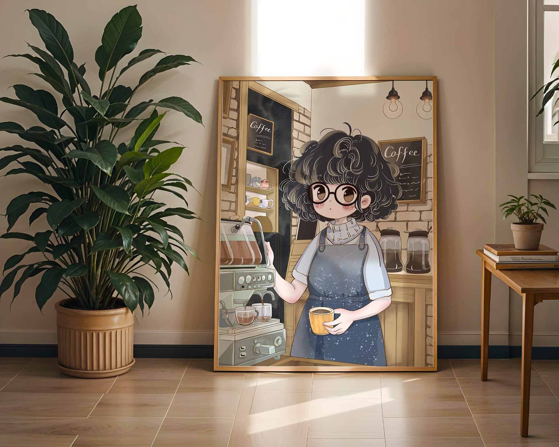 Escena encantadora de café con barista preparando café