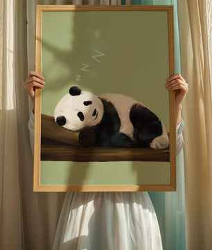 Peaceful panda resting on a log in a serene setting