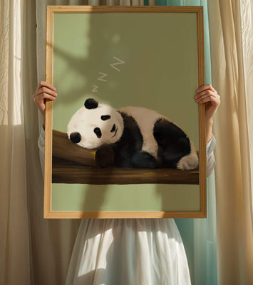 Peaceful panda resting on a log in a serene setting