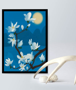 White magnolia branch under moonlight with blue background