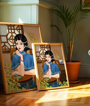 Elegant Woman in Traditional Chinese Setting with Blue Cape and Intricate Decor