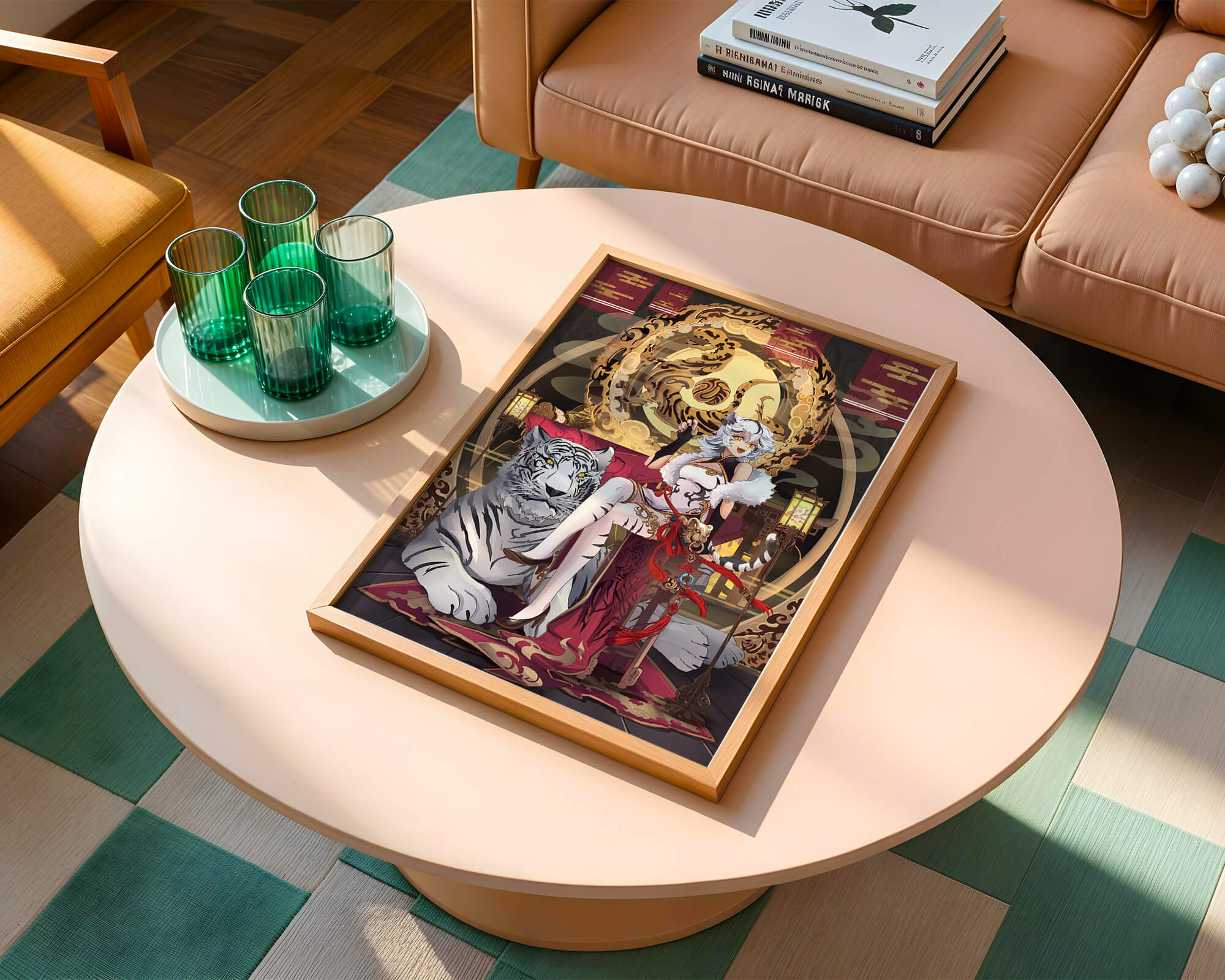 Elegant fantasy character with mystical tiger and ornate decor