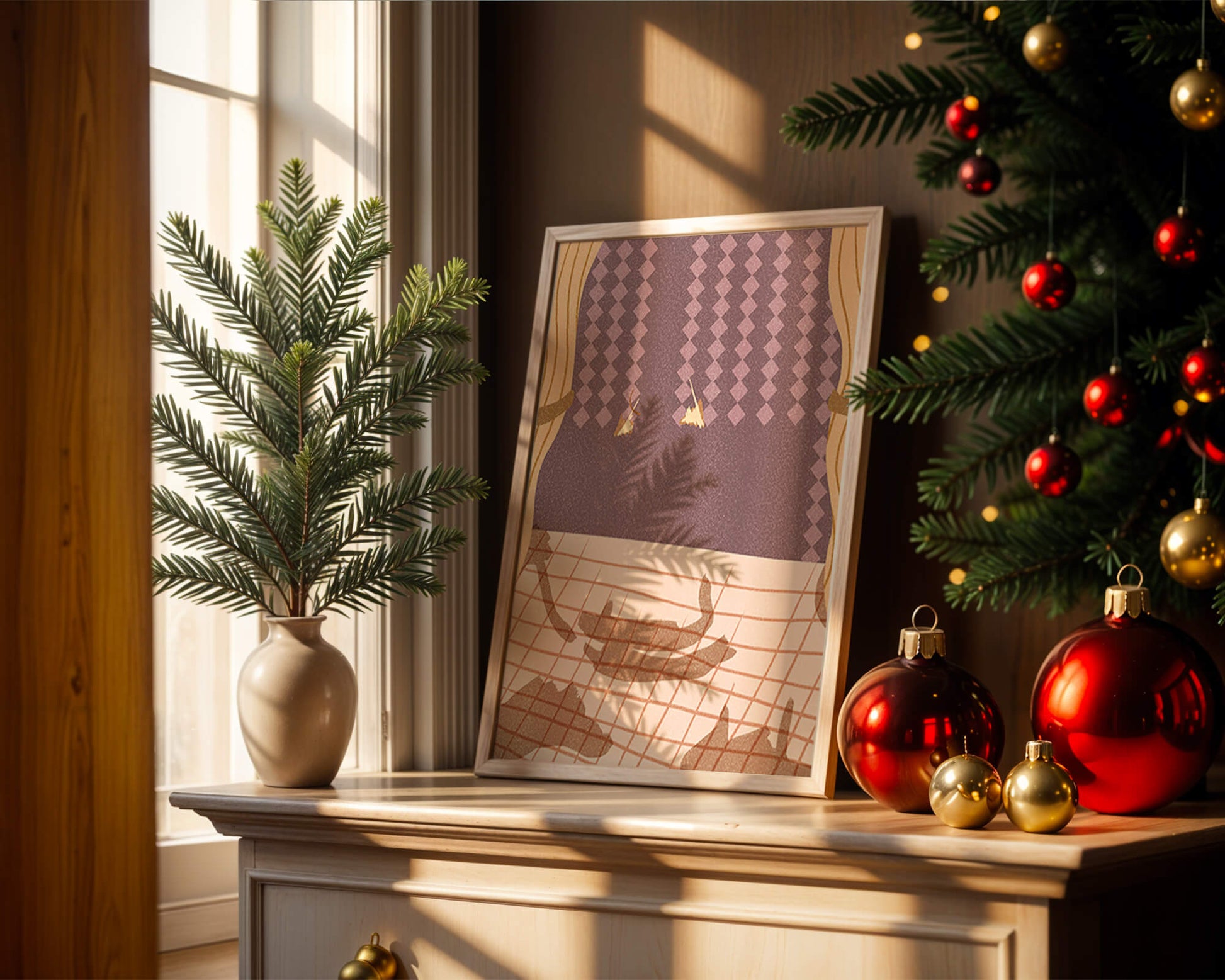 Abstract Interior with Cats' Shadows on Checkered Floor