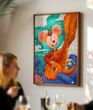Whimsical illustration of a mouse riding a golden fish in a vibrant fantasy setting