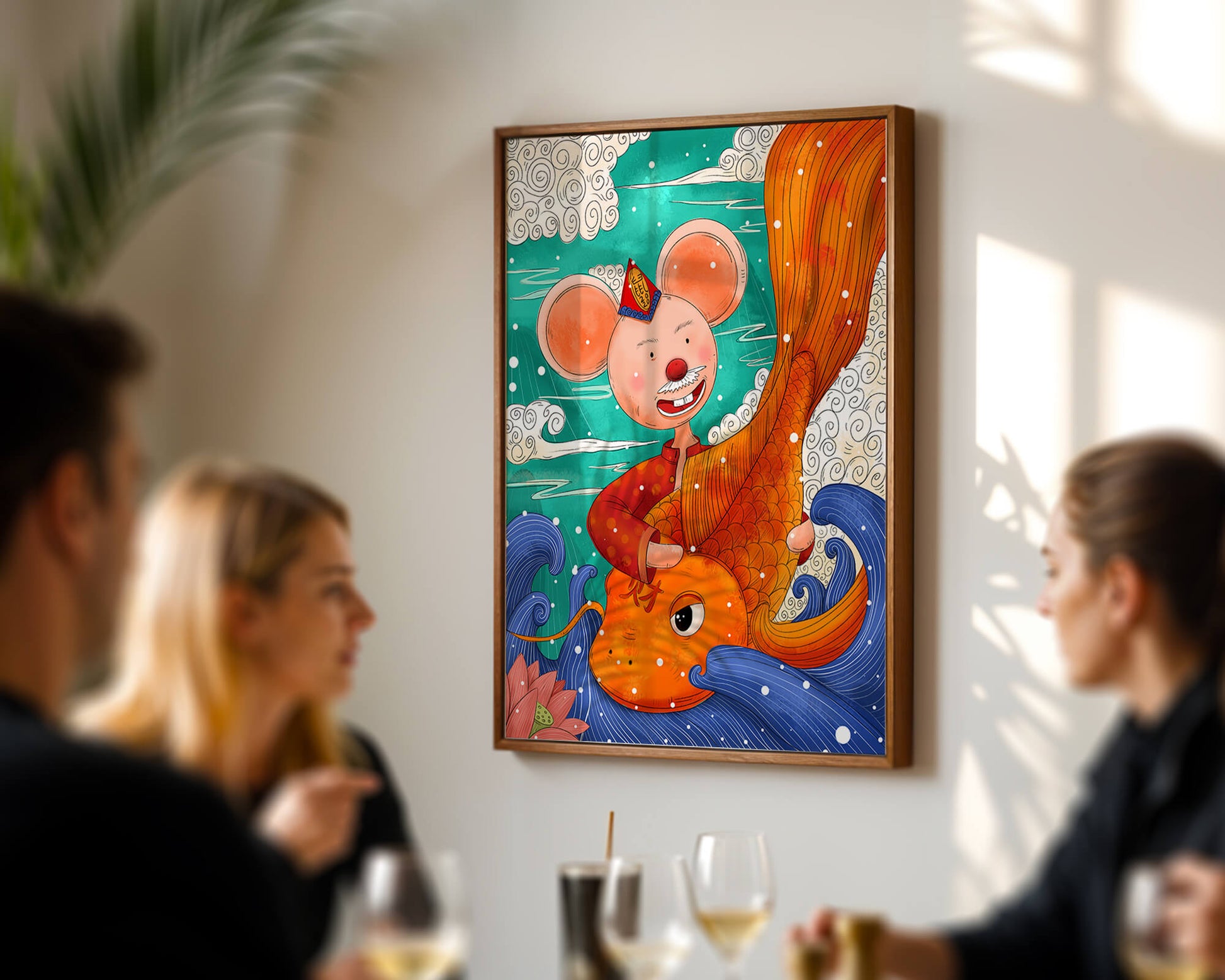 Whimsical illustration of a mouse riding a golden fish in a vibrant fantasy setting