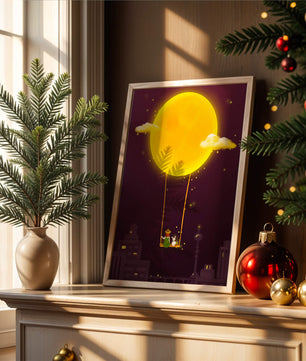 Whimsical night scene with a girl and a rabbit on a swing beneath a glowing moon