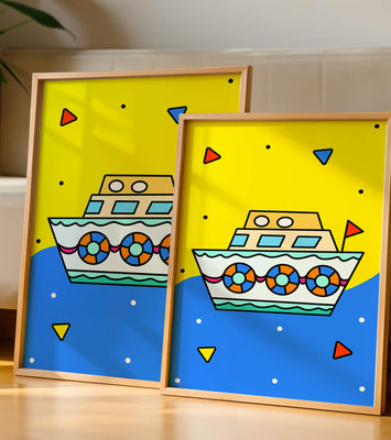 Colorful boat illustration with cartoon elements
