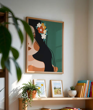 Elegante Illustration einer Frau mit floralem Haarteil