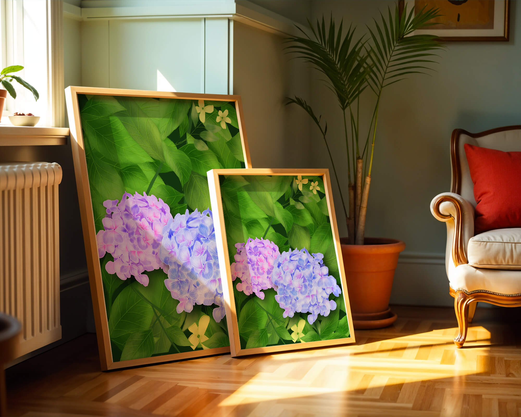 Delicate hydrangeas with lush green leaves in a vibrant botanical scene