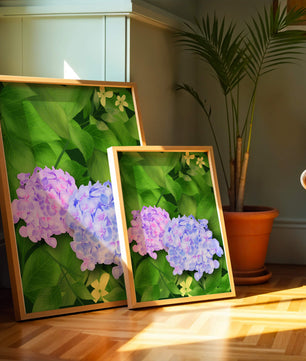 Delicate hydrangeas with lush green leaves in a vibrant botanical scene