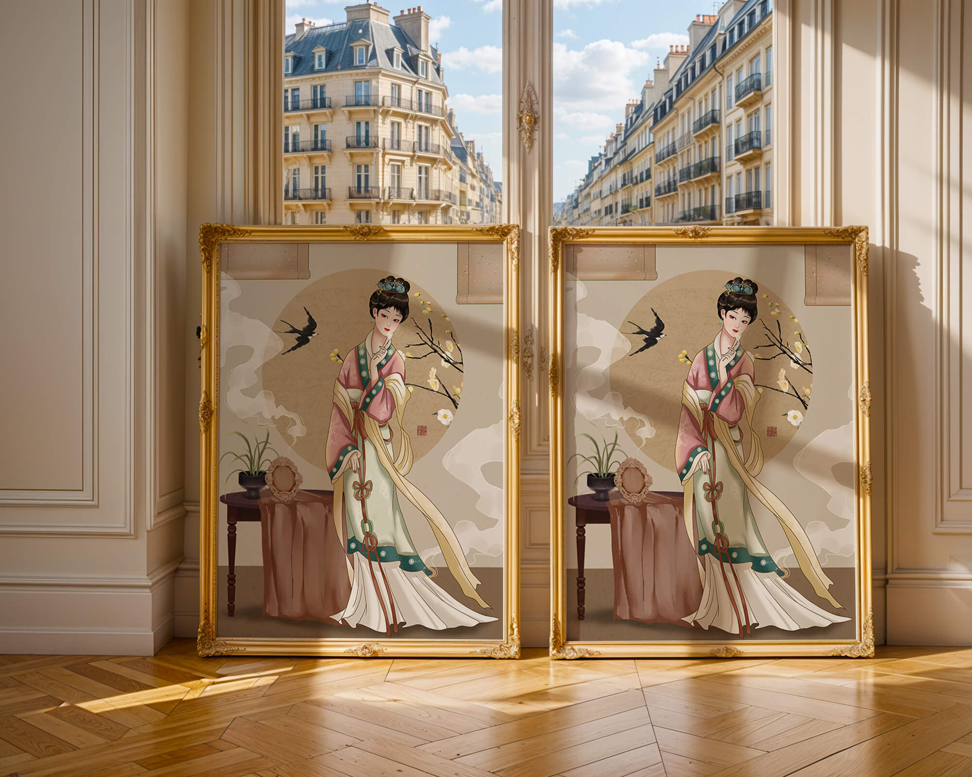 Elegant traditional Asian lady in classic attire with nature elements