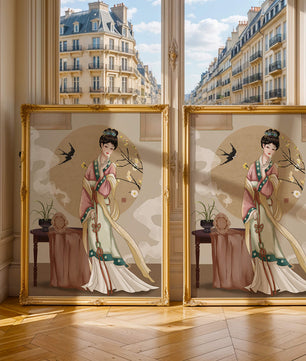 Elegante traditionelle asiatische Dame in klassischer Kleidung mit Naturelementen