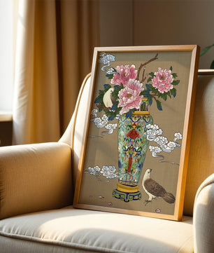 Elegante jarrón de estilo asiático con peonías y pájaros