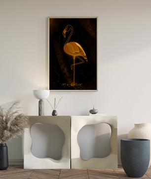 Elegant golden flamingo on abstract dark background