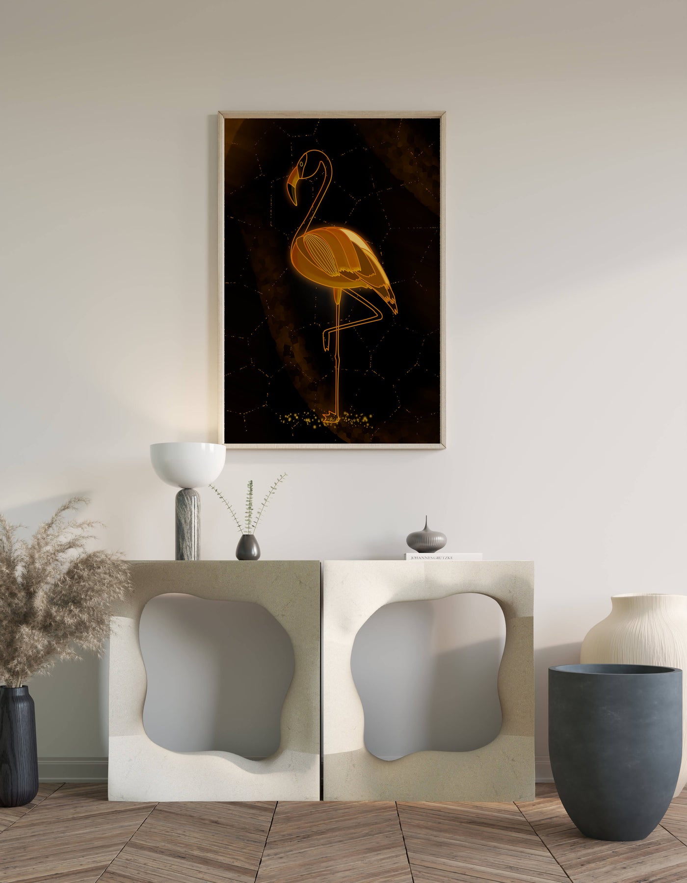 Elegant golden flamingo on abstract dark background