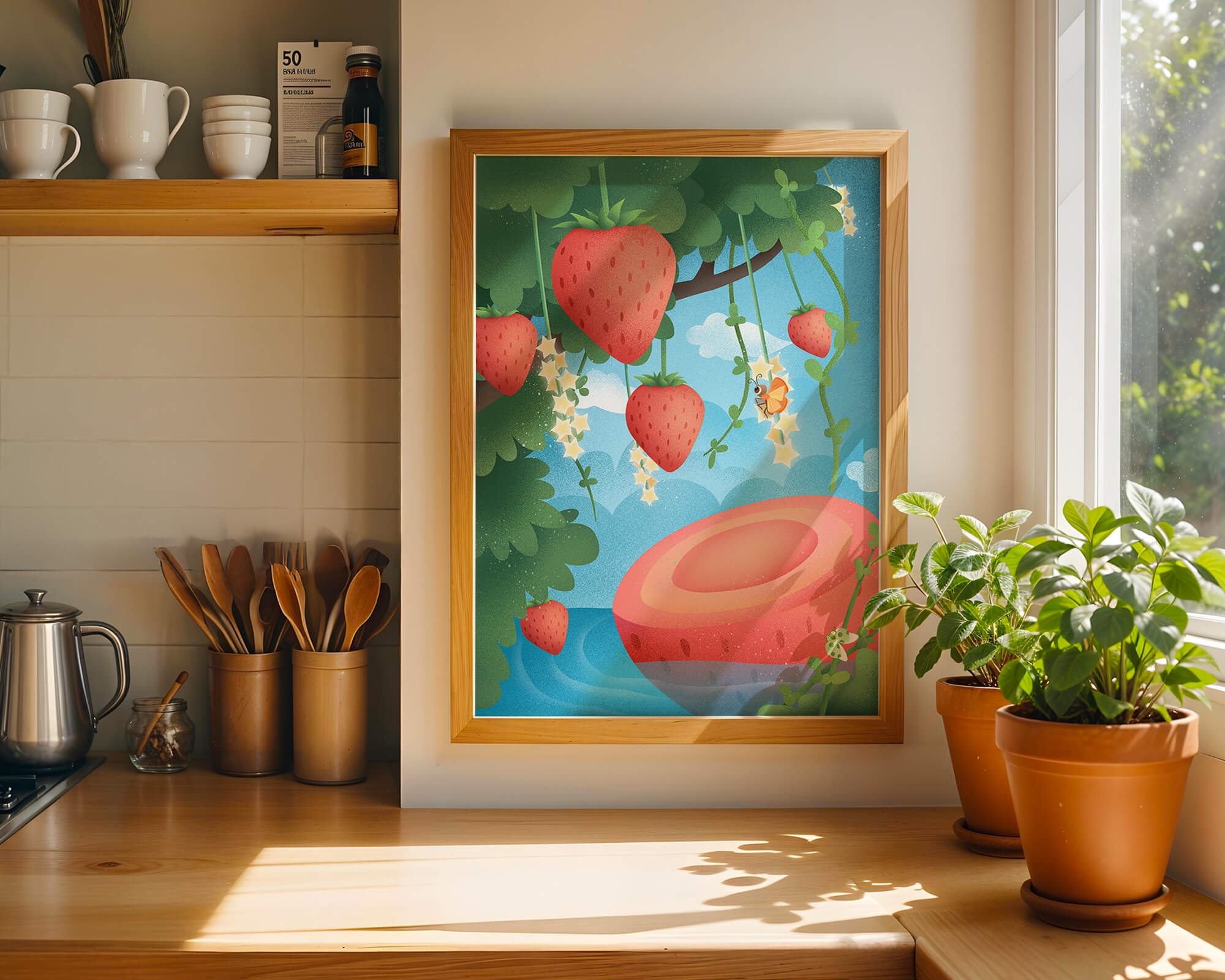 Illustrated strawberries in a whimsical garden setting