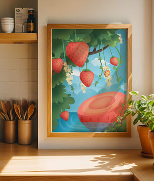 Illustrated strawberries in a whimsical garden setting