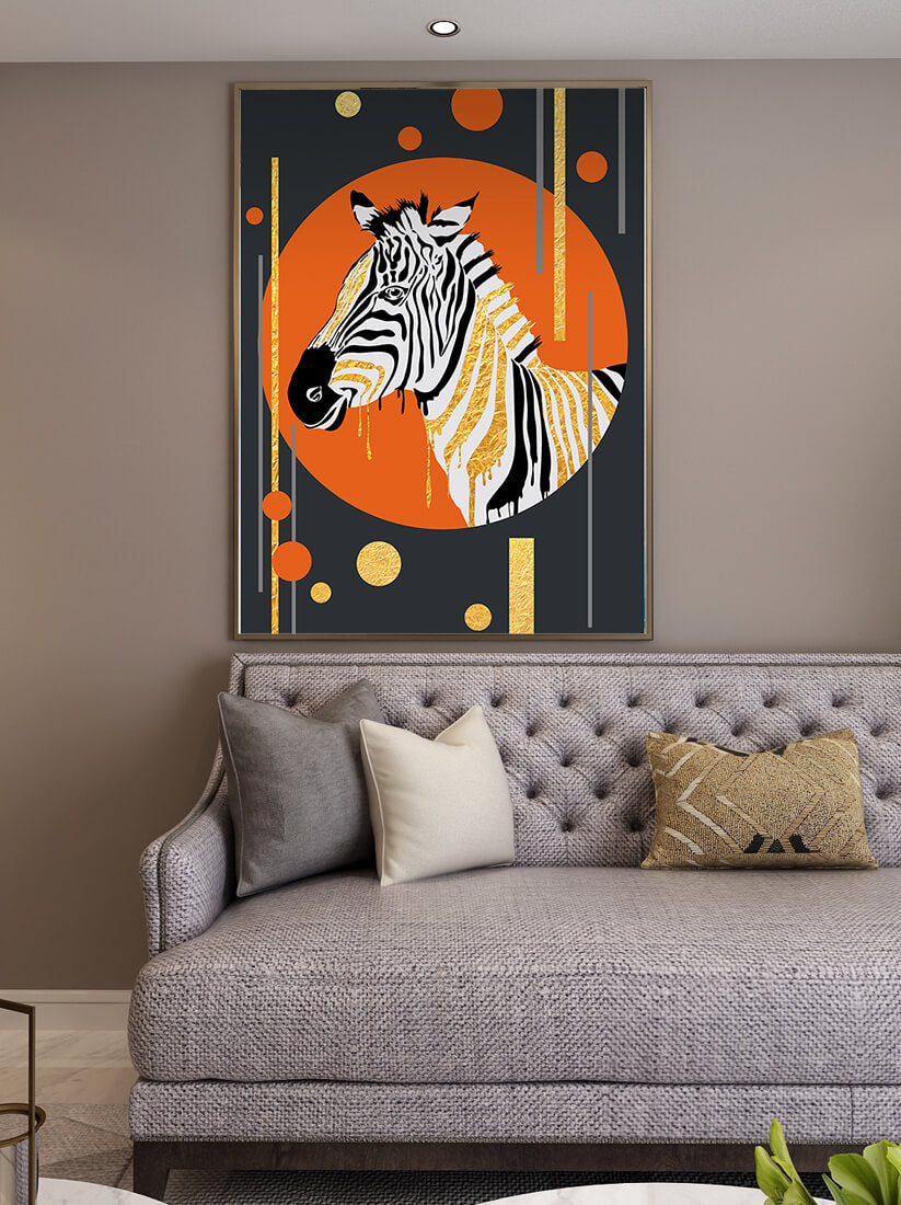 Modern zebra art with golden accents on abstract background