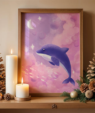 Dreamlike underwater scene with dolphin and moonlit sky
