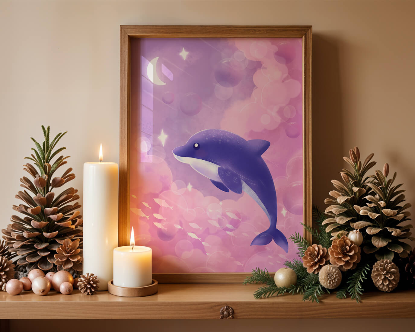 Dreamlike underwater scene with dolphin and moonlit sky