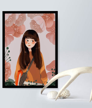 Ilustración de una niña con flores en tonos pasteles suaves