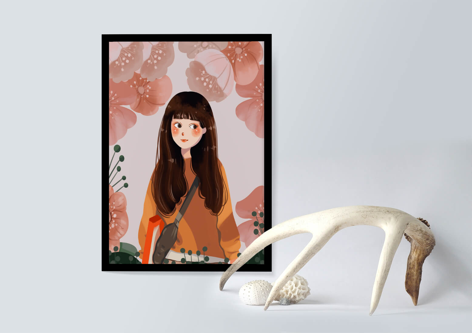 Illustration of girl with flowers in soft pastel hues