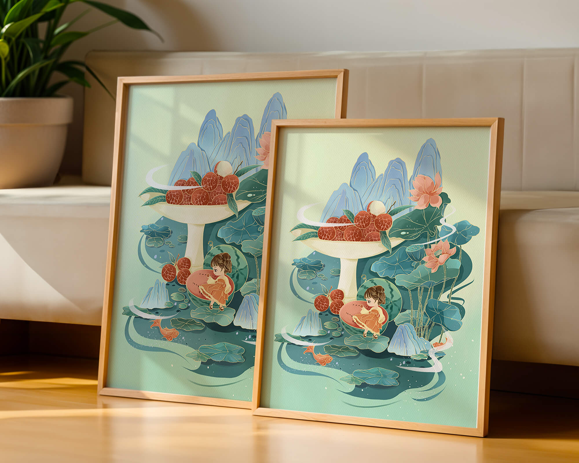 Whimsical illustration with girl, lychee, and lotus flowers