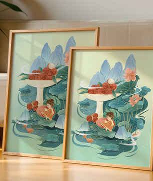 Whimsical illustration with girl, lychee, and lotus flowers