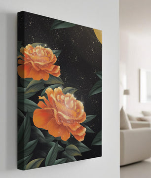 Fantasía floral elegante con flores naranjas vibrantes y un brillo dorado