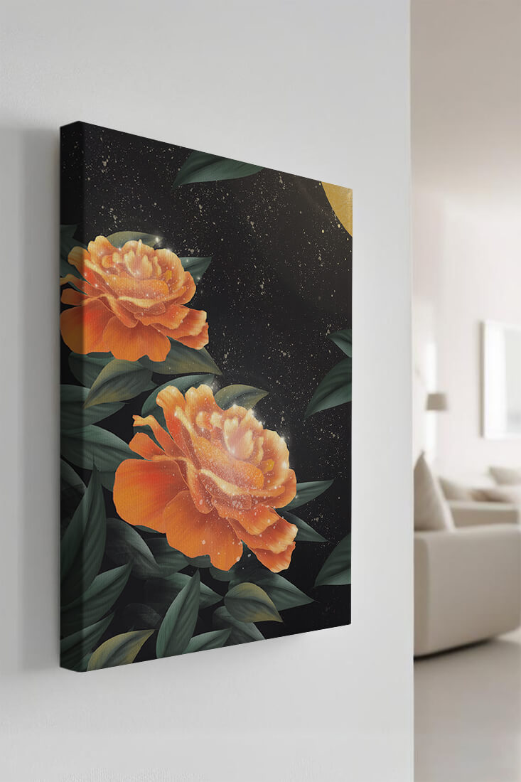 Fantasía floral elegante con flores naranjas vibrantes y un brillo dorado
