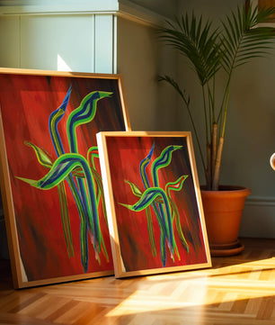 Abstract colorful wave-like shapes with vibrant red background