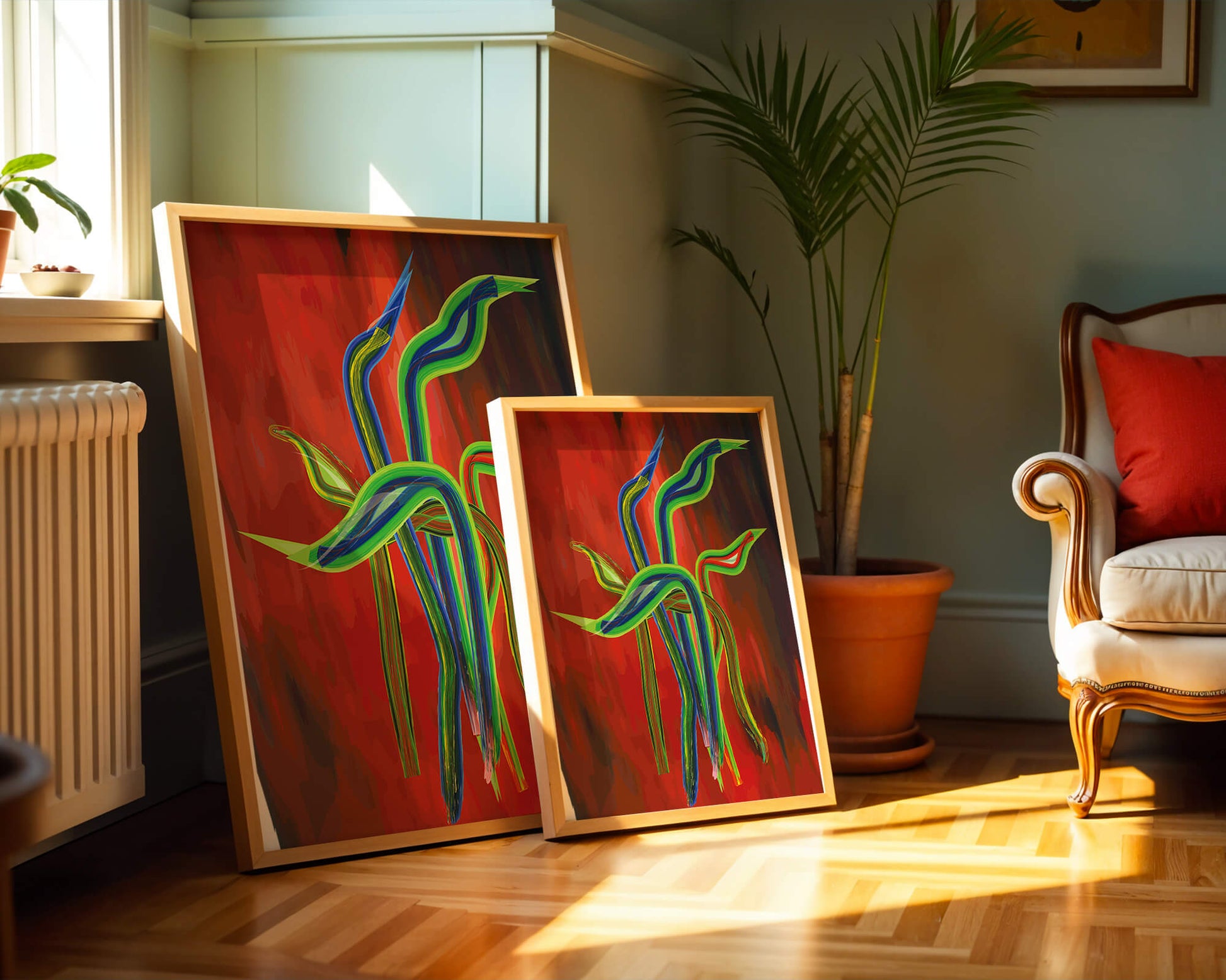 Abstract colorful wave-like shapes with vibrant red background