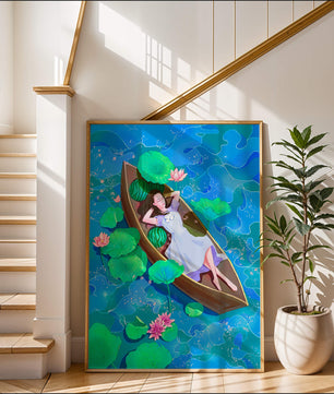 Serene illustration of a girl relaxing in a boat surrounded by lotus leaves and flowers