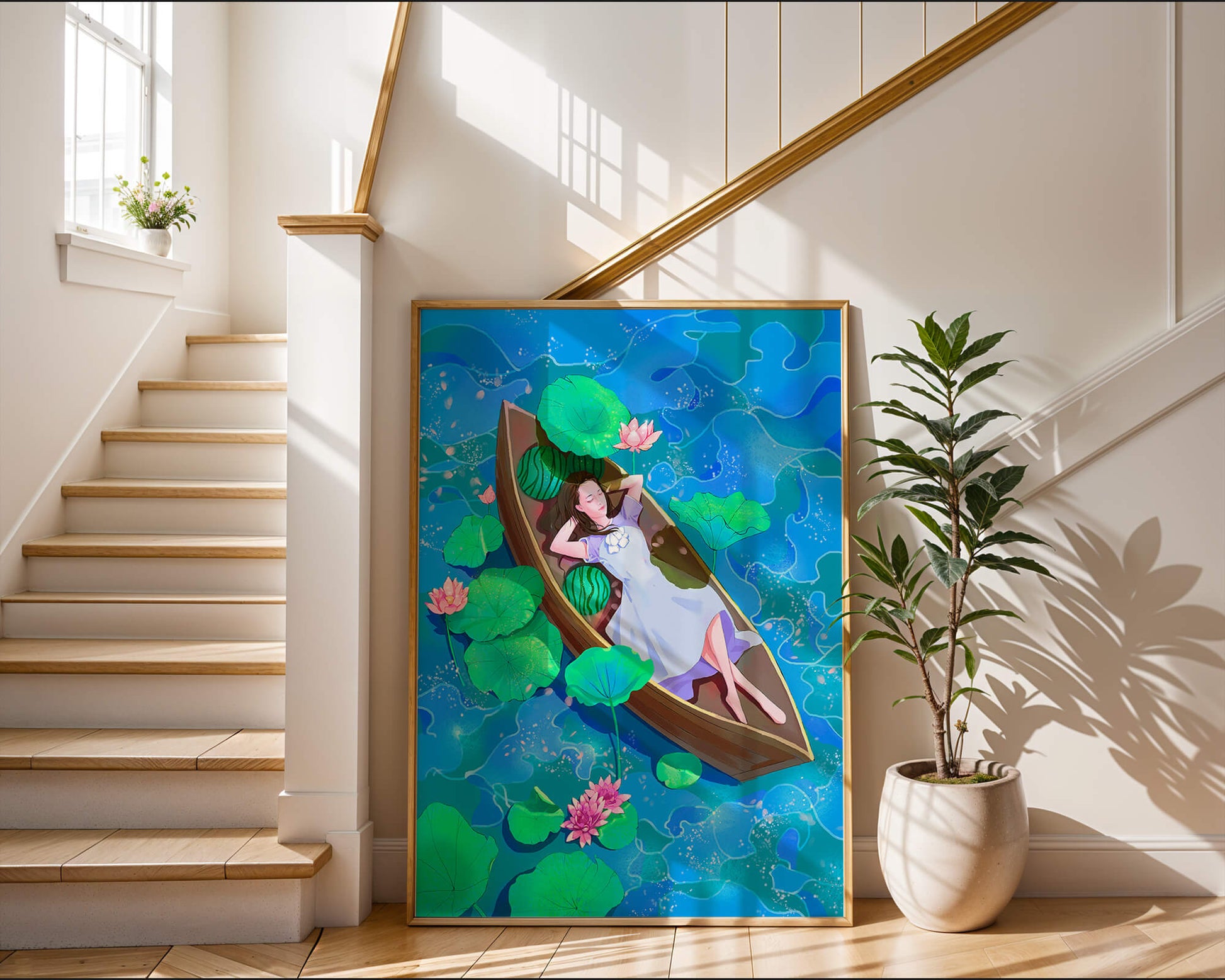 Serene illustration of a girl relaxing in a boat surrounded by lotus leaves and flowers