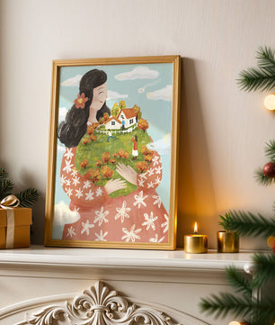 Femme fantaisiste tenant un paysage miniature avec famille et maisons