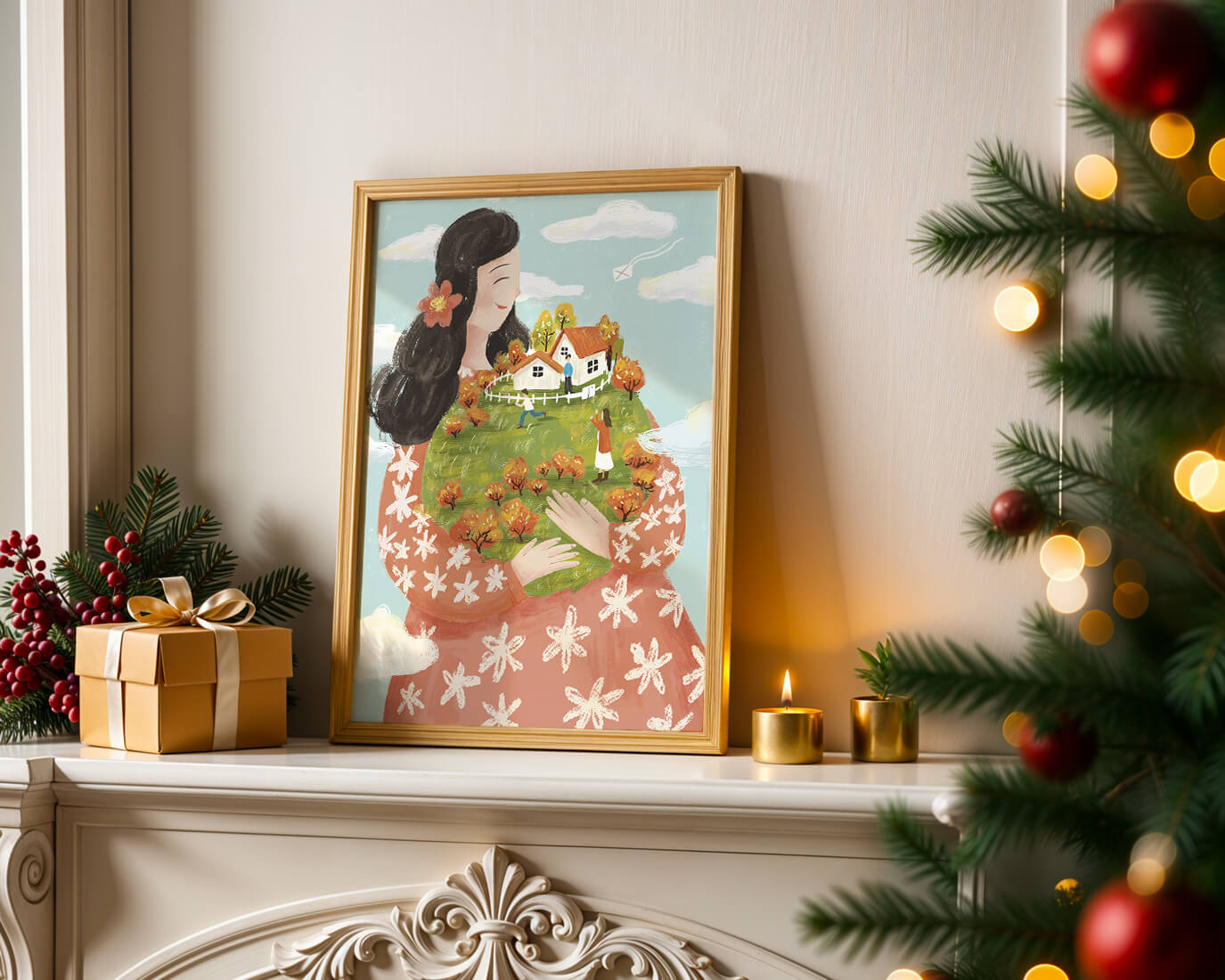 Whimsical Woman Holding Miniature Landscape with Family and Houses