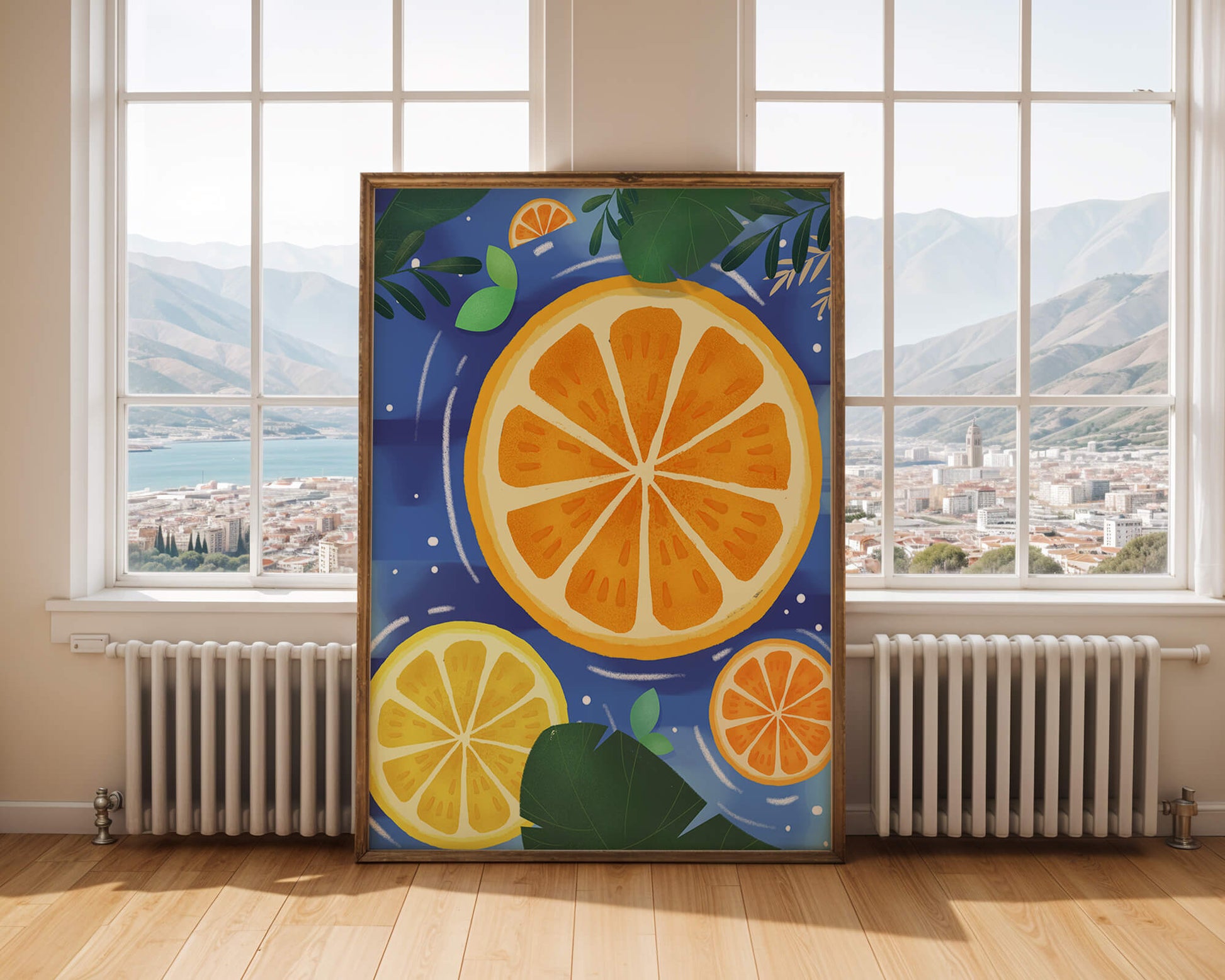 Rodajas de cítricos coloridas sobre fondo azul con hojas tropicales