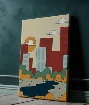 Cityscape At Sunset With Park And Lake