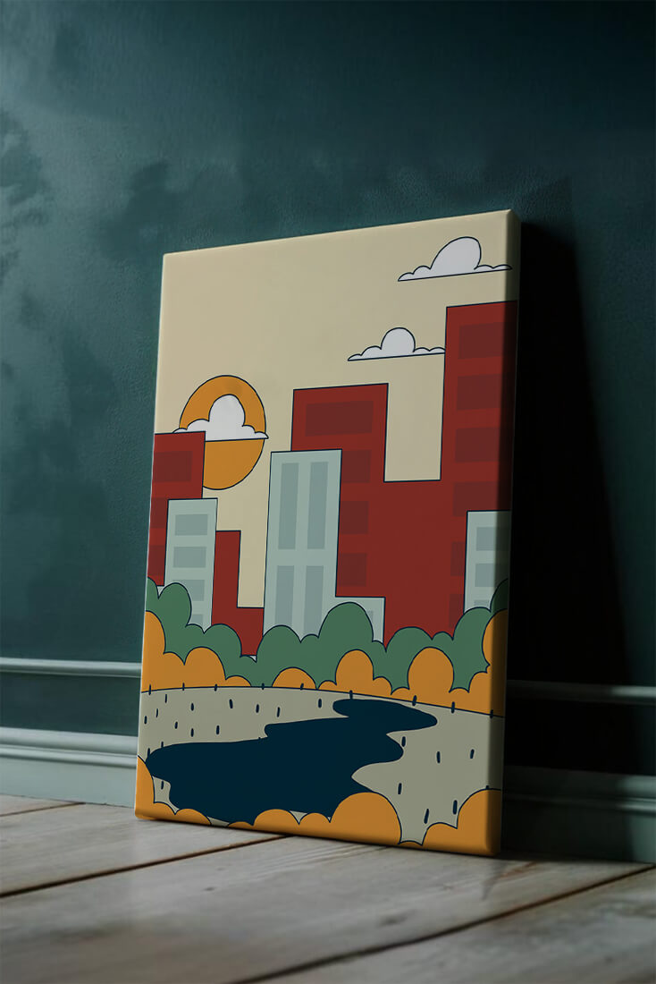 Cityscape At Sunset With Park And Lake