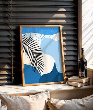 Hoja de palma abstracta sobre fondo azul con líneas fluidas