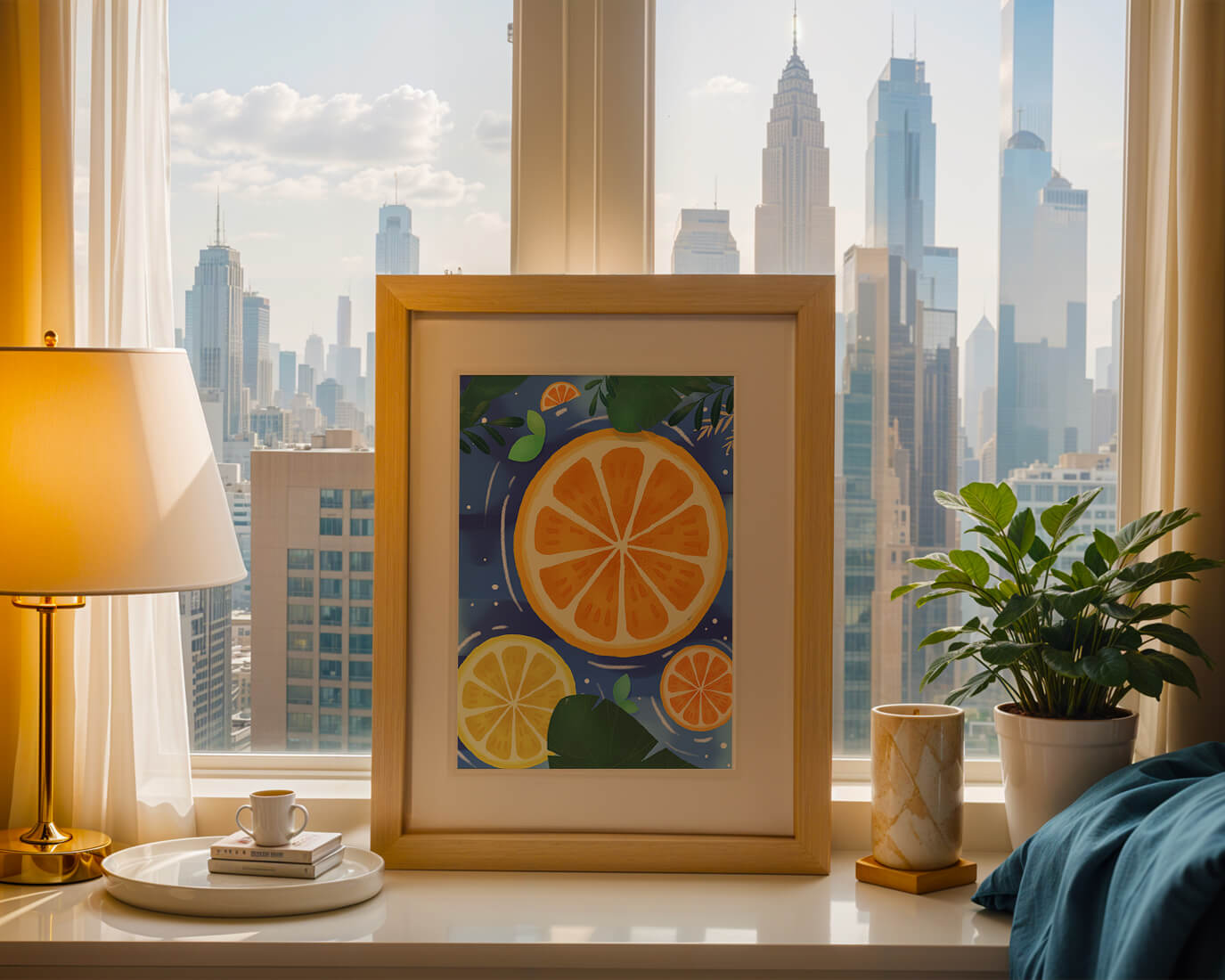 Rodajas de cítricos coloridas sobre fondo azul con hojas tropicales