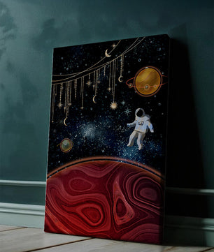 Escena espacial surrealista con astronauta y elementos celestiales