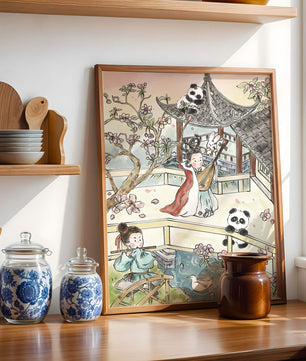 Tranquil Asian Garden Scene with Pandas and Blossoms