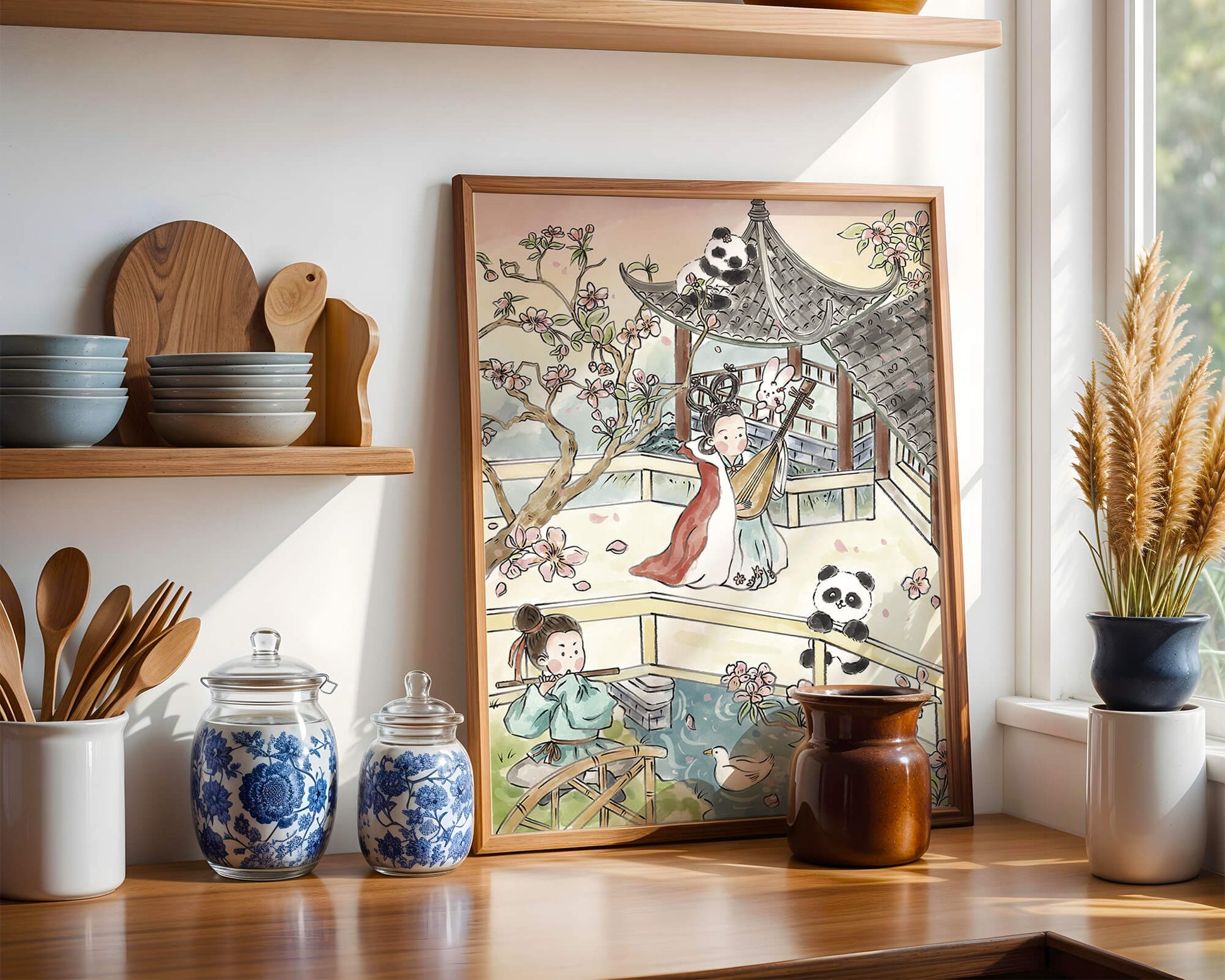 Escena tranquila de jardín asiático con pandas y flores