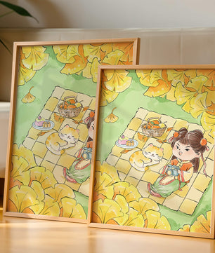 Charming autumn picnic scene with girl and cat surrounded by ginkgo leaves