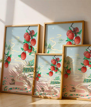 Idyllic Landscape with Lush Lychee Branches and Serene Waterscape