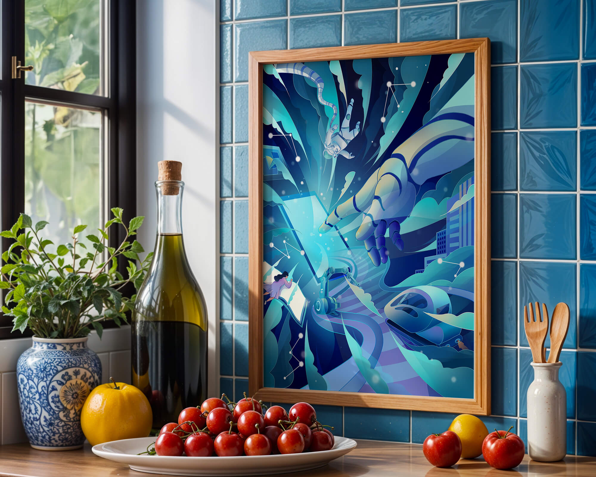 Futuristic digital artwork featuring astronaut and robotic hand in vibrant blue tones